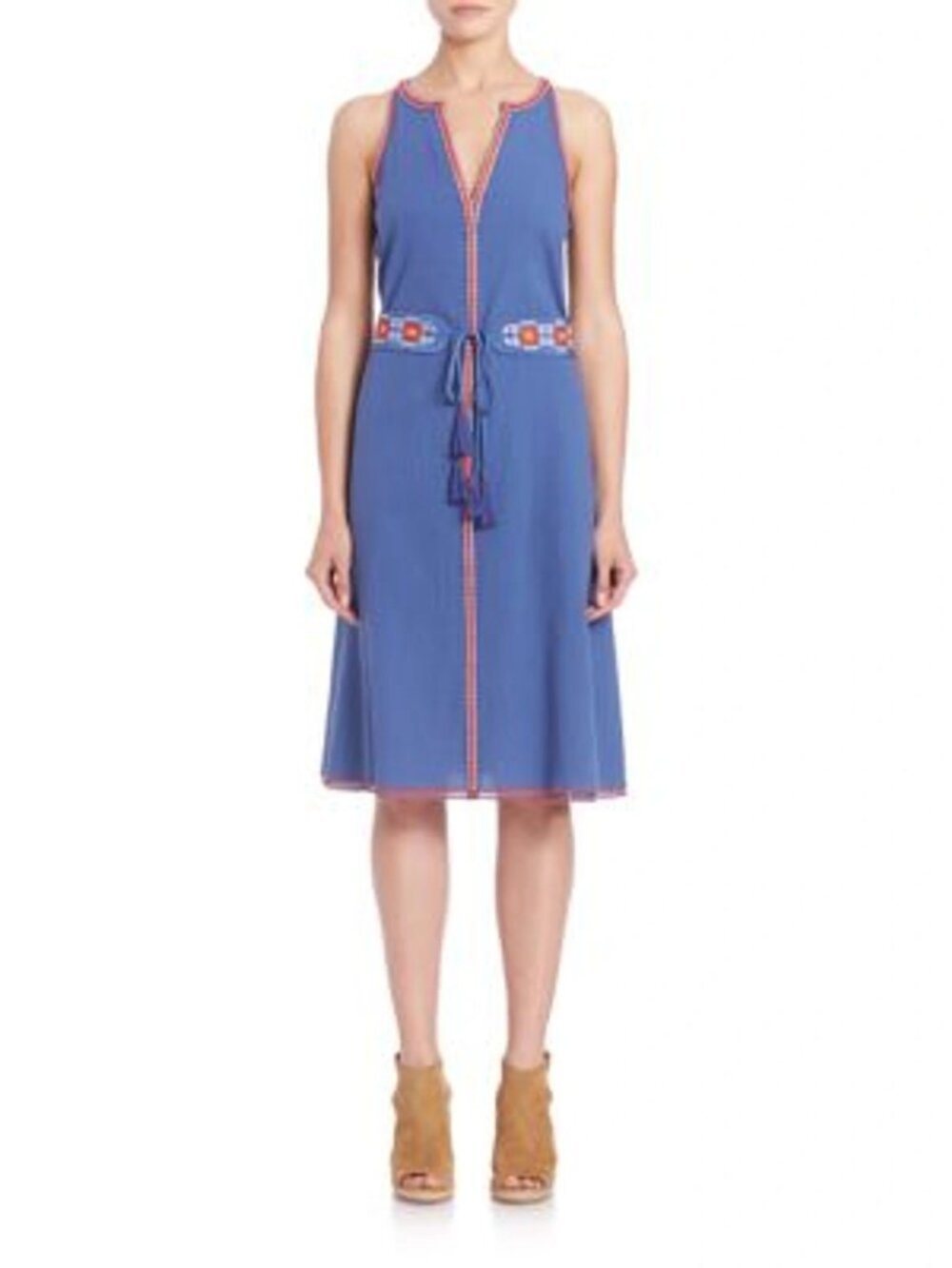 Tory Burch Savannah Embroidered Crepon Dress 4 Hudson Blue - Picture 5 of 11